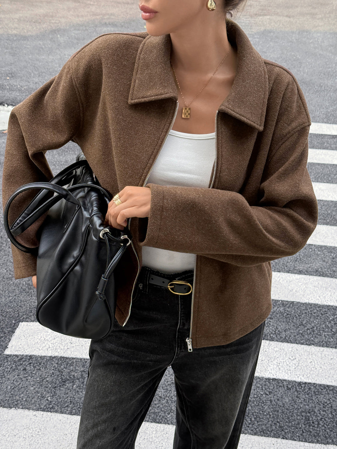 Damen nan kaschmirähnliche Wolljacke mit durchgehendem Reißverschluss, oversized Schnitt und Hemdkragen Drune