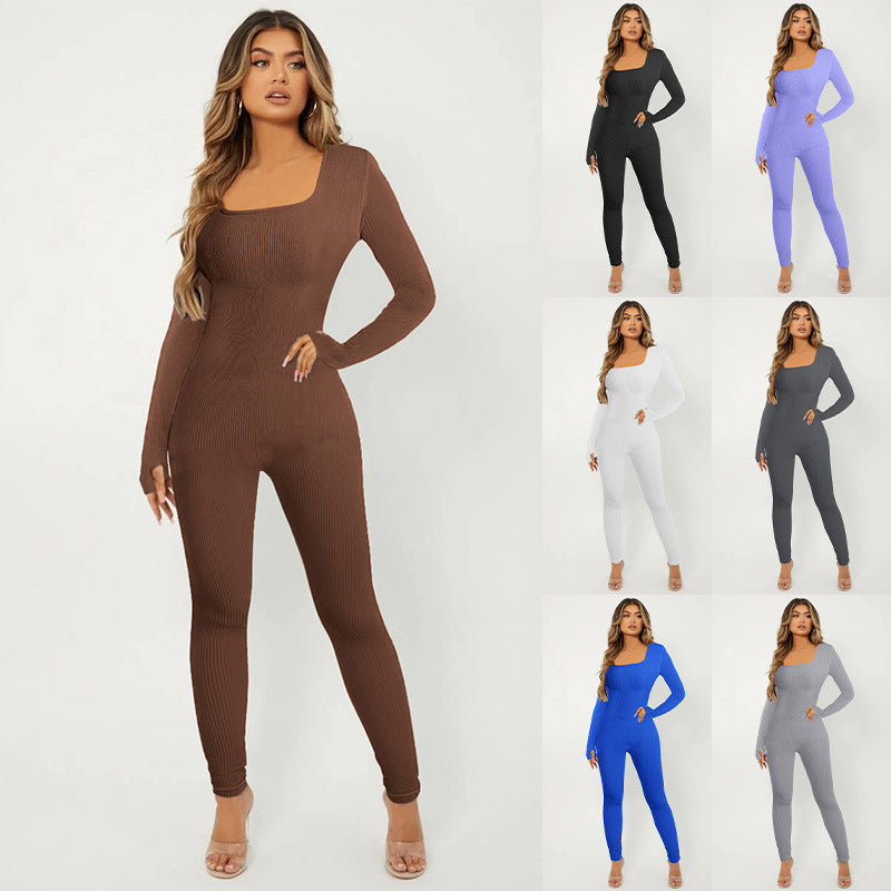 Damen Rippstrick Skinny Jumpsuit mit Quadratischem Ausschnitt, Langen Ärmeln und Daumenloch Drune