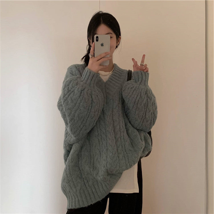 Damen Grobstrickpullover mit voluminösen Ärmeln und V-Ausschnitt Drune