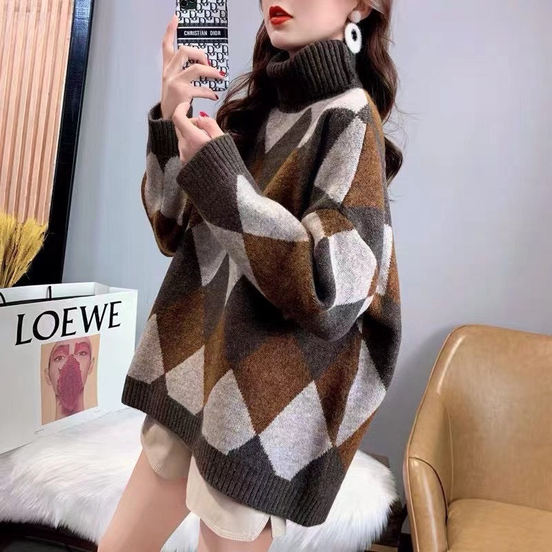 Damen Gemusterter Pullover mit hohem Kragen Drune