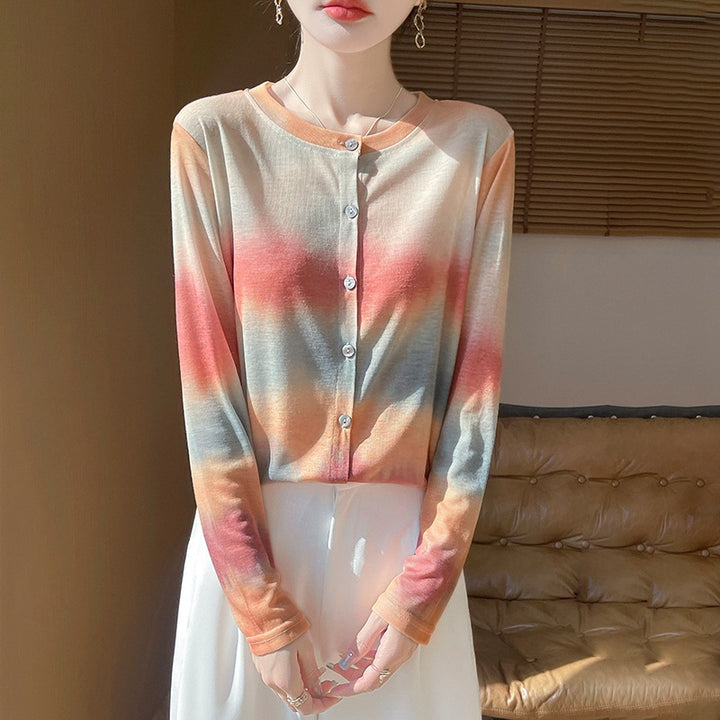 Damen Leichter Aquarell‑Print Feinstrick‑Cardigan mit Rundhalsausschnitt und Knopfleiste Drune