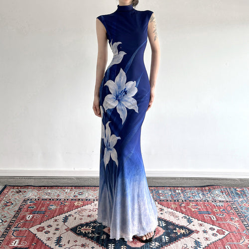 Damen Maxikleid mit floralem Design und elegantem Stehkragen Drune