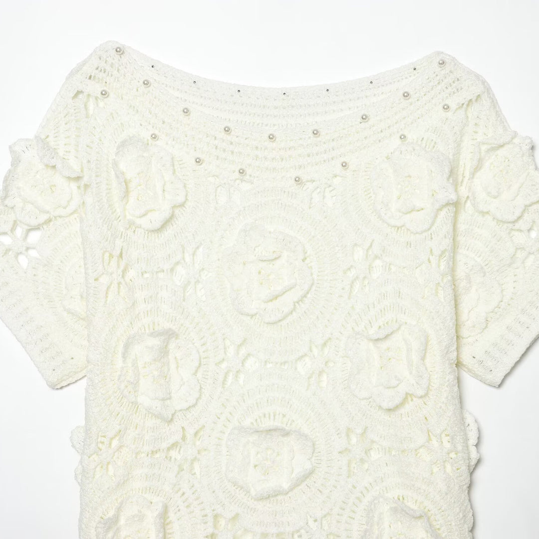 Damen Spitze T-Shirt mit luxuriöser Blumenstickerei und dekorativen Perlen Drune