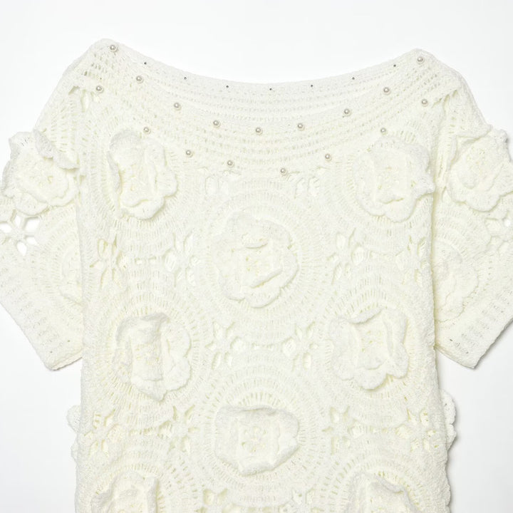 Damen Spitze T-Shirt mit luxuriöser Blumenstickerei und dekorativen Perlen Drune