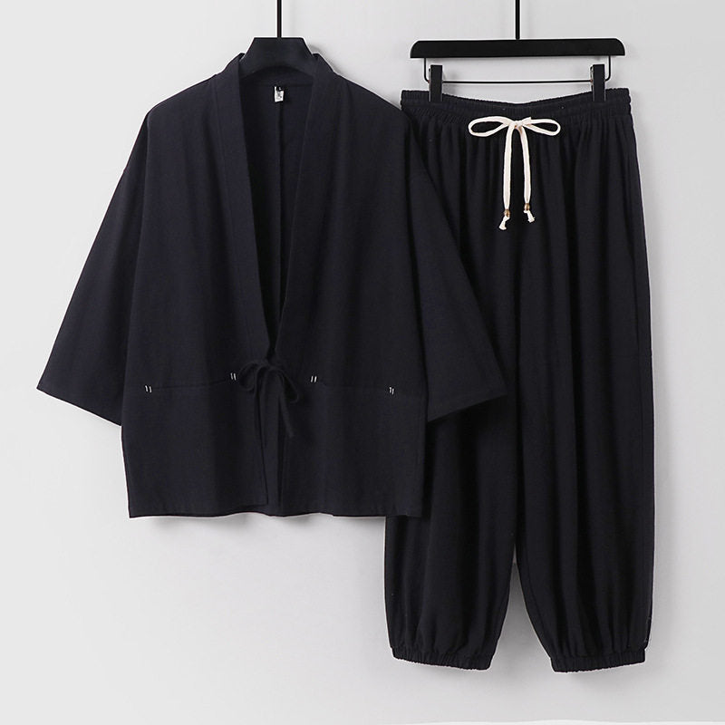 Unisex Lockeres Kimono-Loungewear-Set aus atmungsaktivem Baumwollmix mit Kordelbund und gerafften Knöcheln Drune