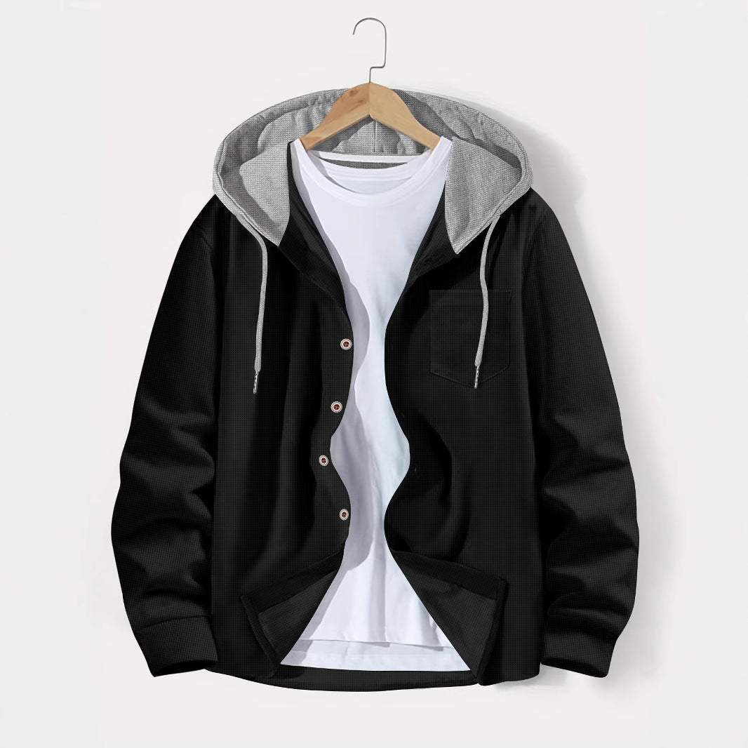 Herren nan leichtes Utility-Hoodie-Überhemd mit Kontrastkapuze, Knopfleiste und Brusttasche Drune