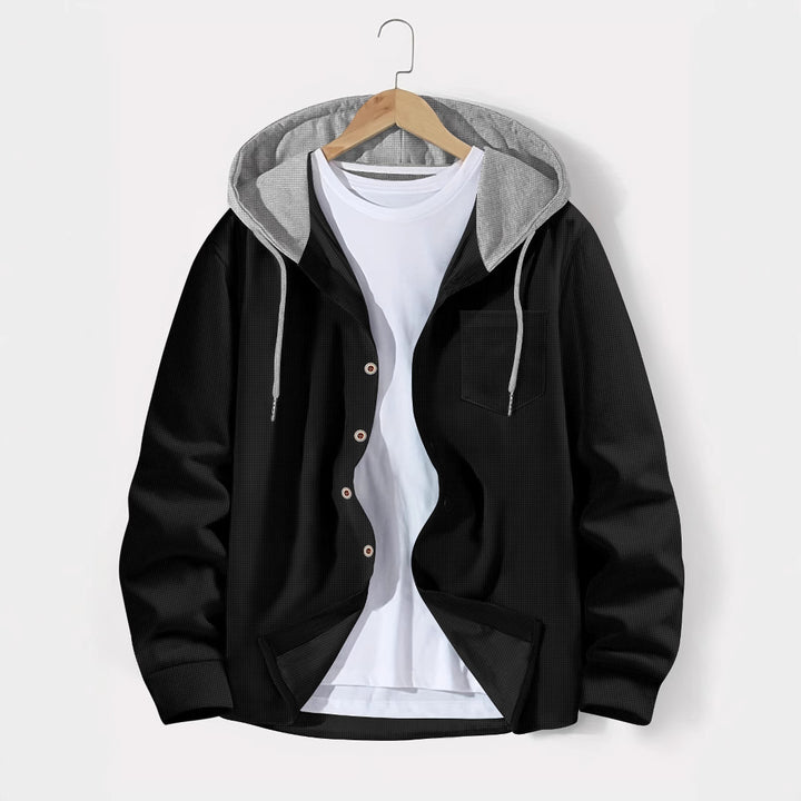 Herren nan leichtes Utility-Hoodie-Überhemd mit Kontrastkapuze, Knopfleiste und Brusttasche Drune