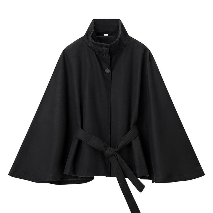 Damen Kurzer Cape-Mantel mit Stehkragen, verdeckter Knopfleiste und Bindegürtel Drune
