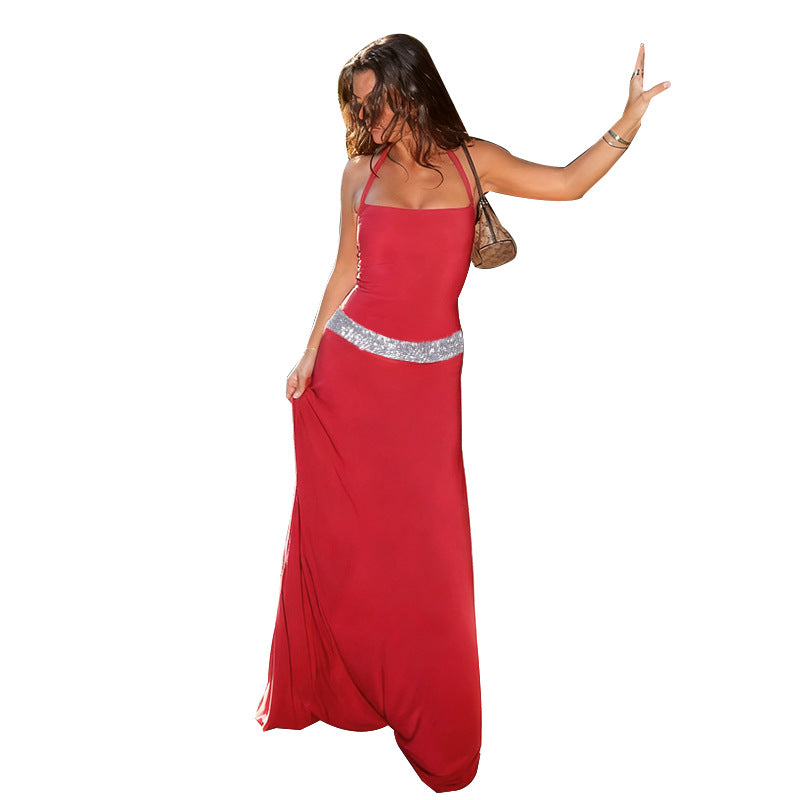 Damen Elegantes Maxikleid mit schickem Halterneck und Glitzerakzenten Drune