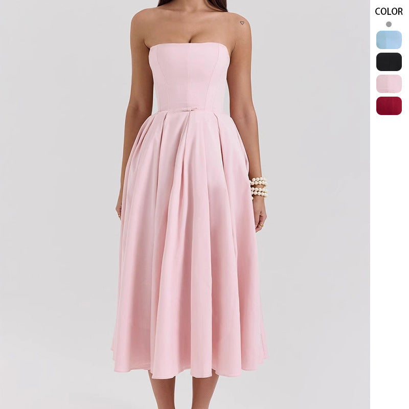 Damen Taillesenkende Midi-Kleid mit schulterfreiem Design und eleganter Faltenstruktur Drune