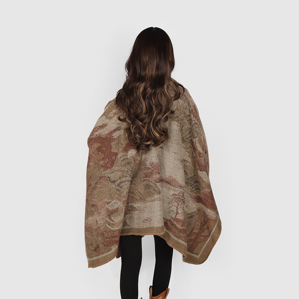 Damen Jacquard‑Strickcape mit floraler Grafik und asymmetrischem Saum Drune