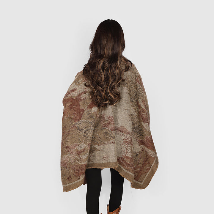 Damen Jacquard‑Strickcape mit floraler Grafik und asymmetrischem Saum Drune
