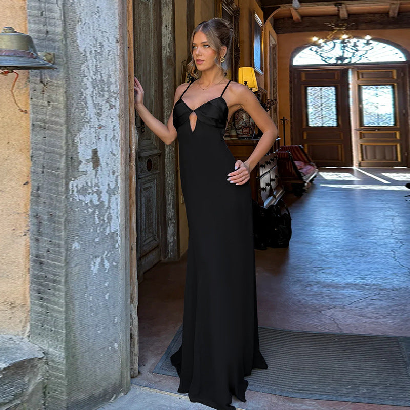 Damen elegantes Maxikleid mit v-förmigem Ausschnitt und feinen Trägern Drune