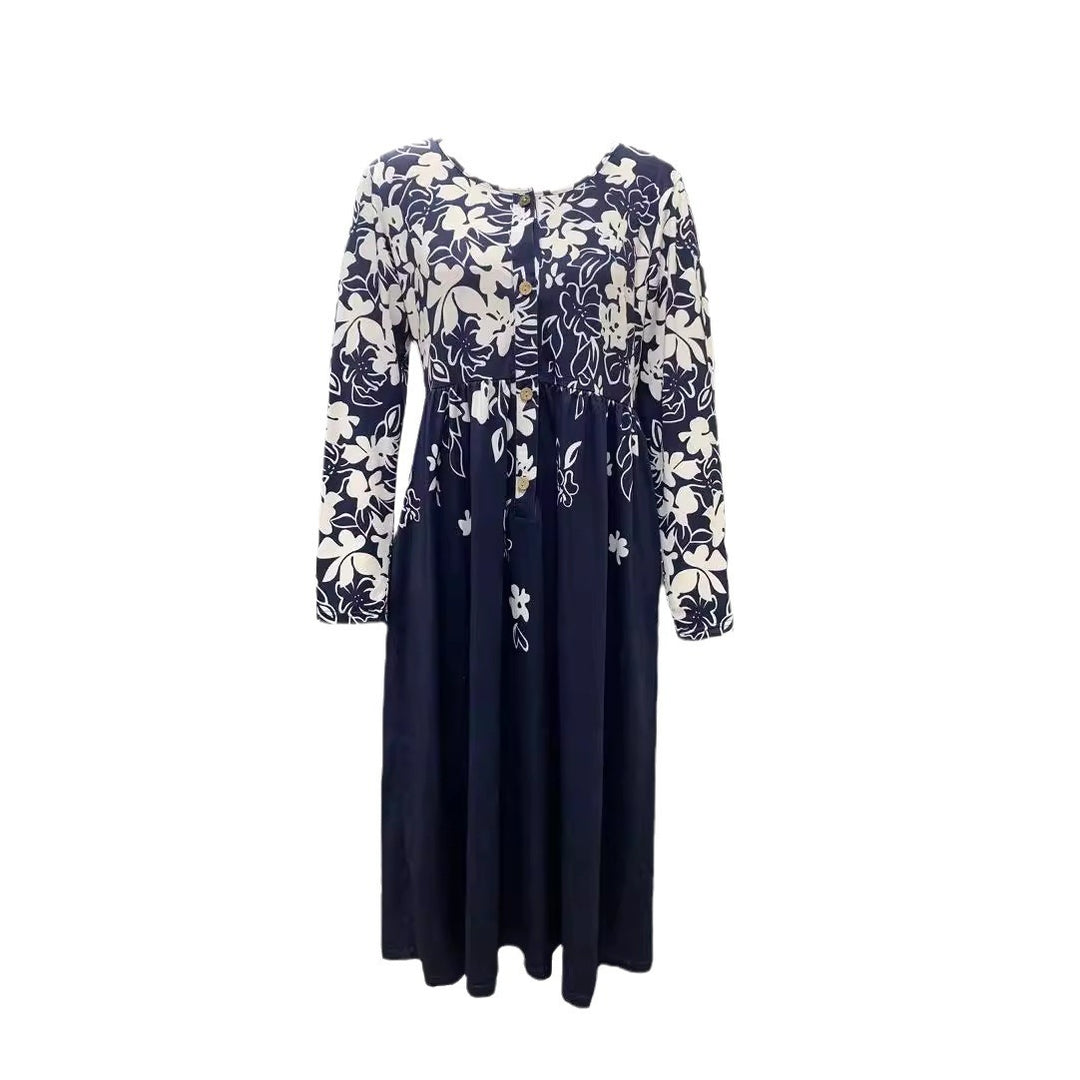Damen Maxikleid mit V-Ausschnitt, Blumenprint, Knopfleiste und Eingrifftaschen Drune