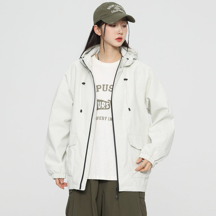 Damen Oversize Windbreaker Jacke mit Kapuze und Cargotaschen Drune