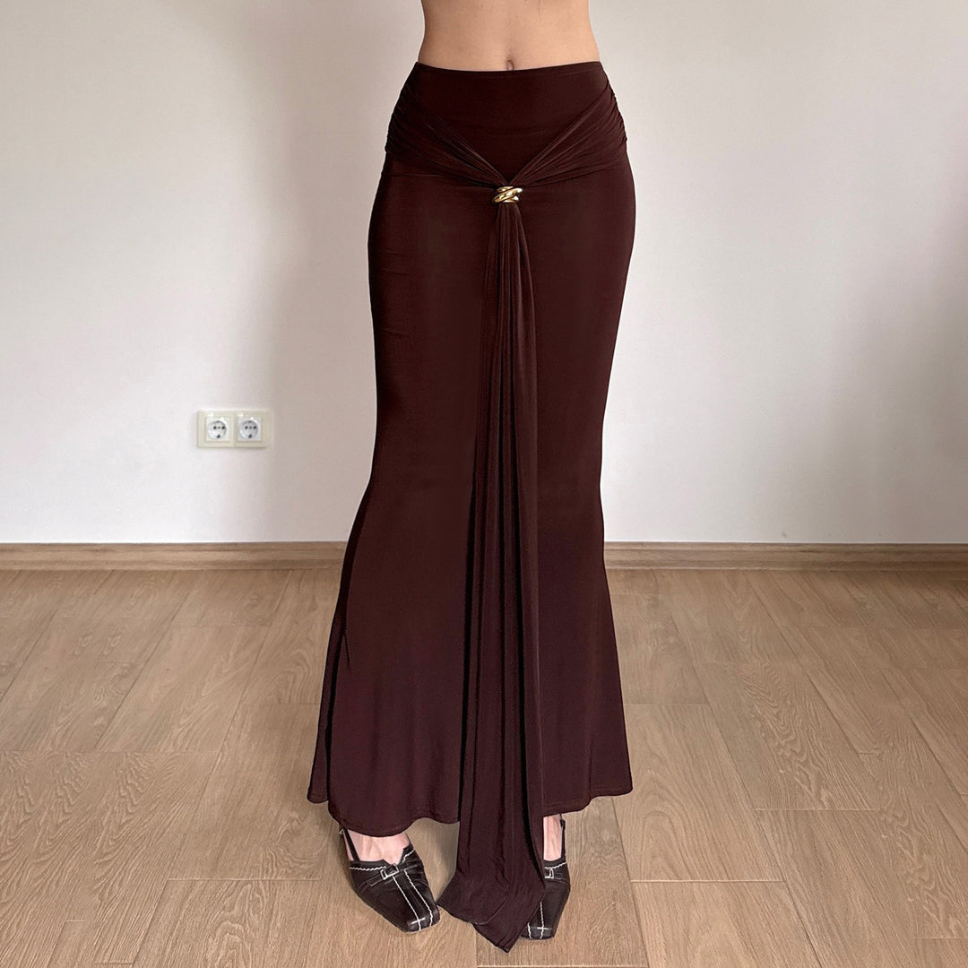 Damen Maxirock mit High‑Waist Wickeldetail, Drapée‑Vorderteil und Metallring Drune