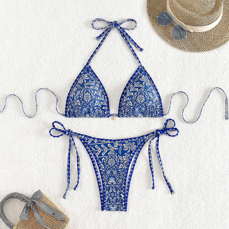 Damen Triangel-Bikini mit verspieltem Muster und eleganten Bindebändern Drune