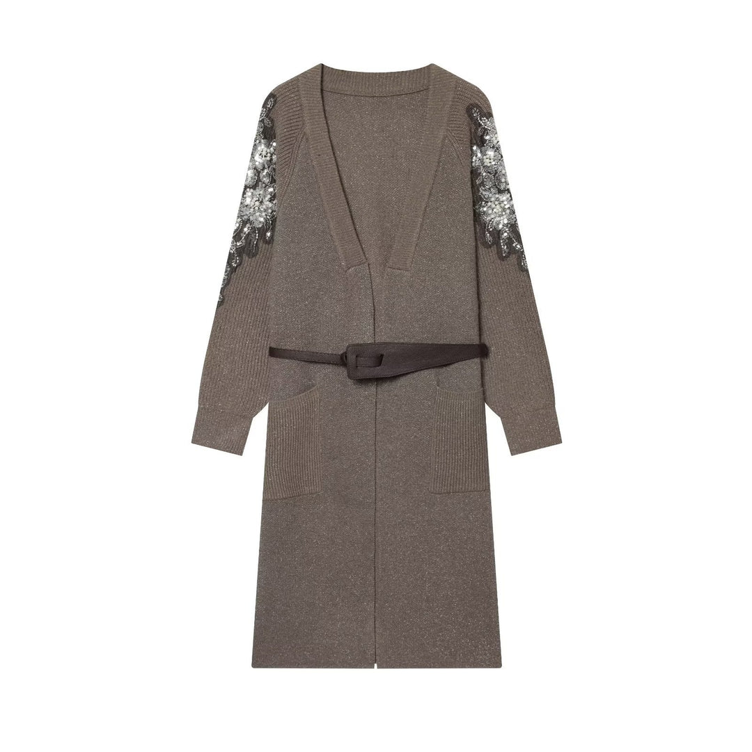 Damen Lange Strickmantel-Cardigan mit Taillengürtel und Paillettenbesatz Drune