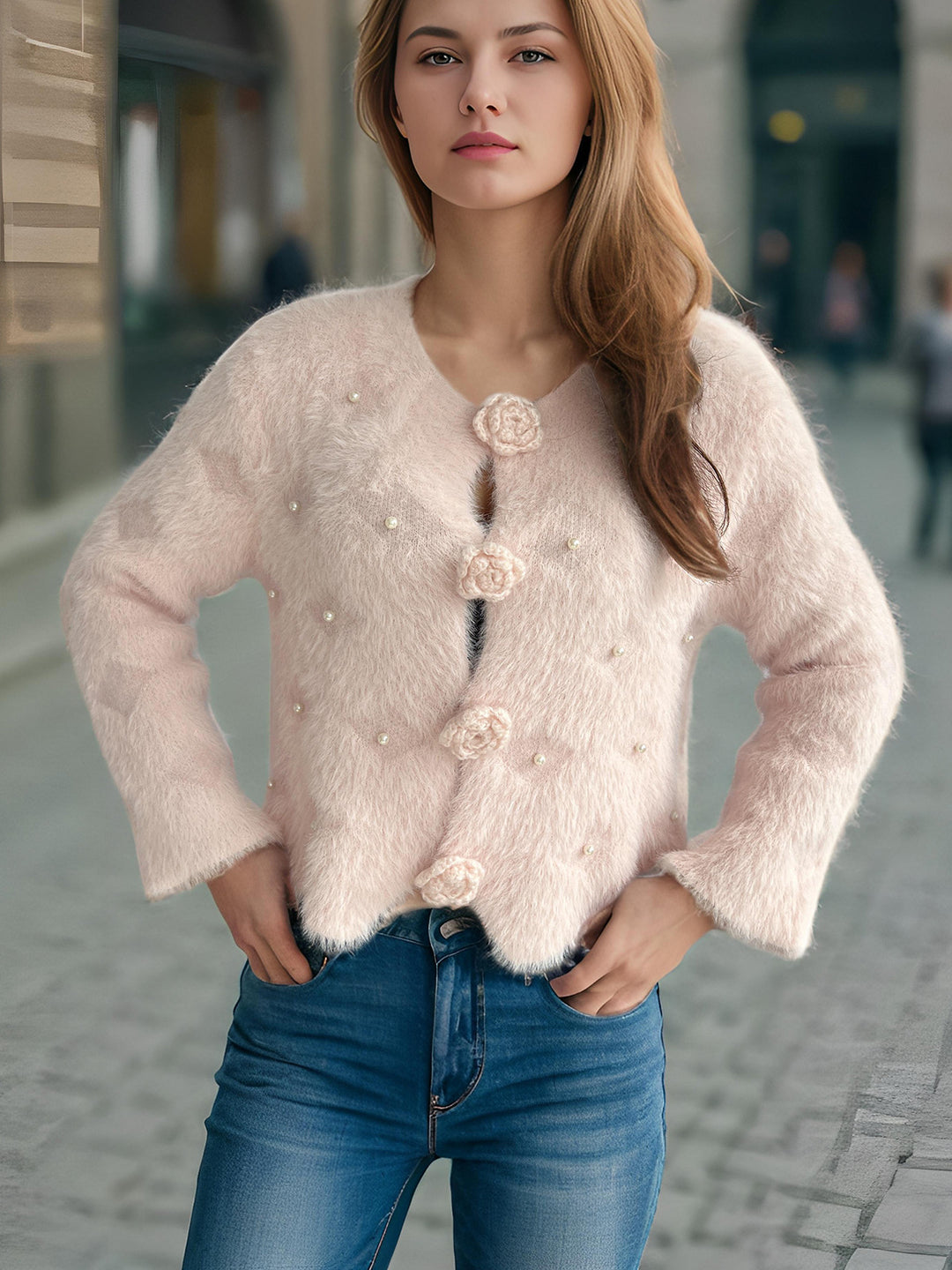 Damen Strickjacke mit floralen Applikationen und perlverzierter Detail Drune