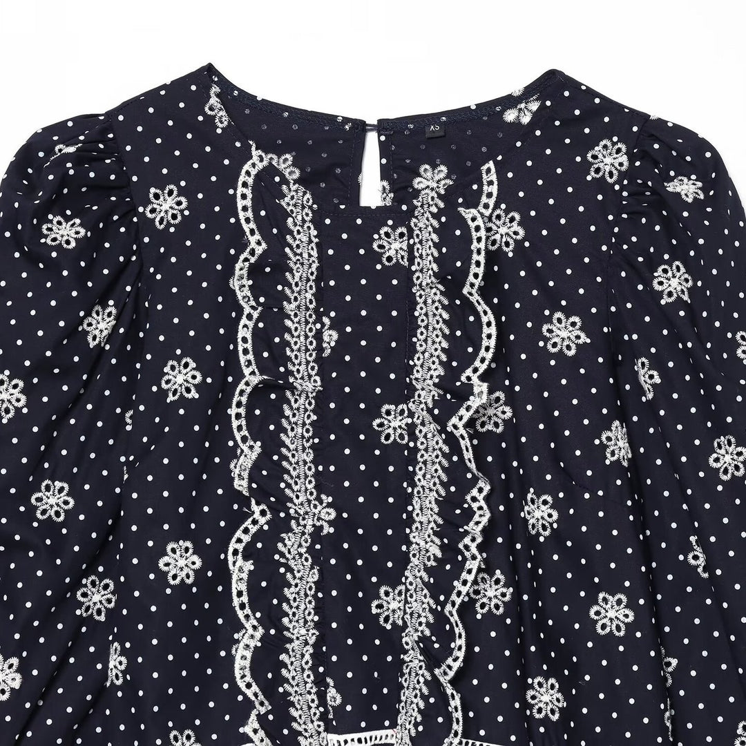Damen Bestickte Polka-Dot Bluse mit Rüschen und Ballonärmeln Drune