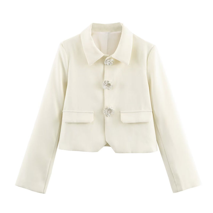 Damen Cropped-Blazer mit floralen Zierknöpfen und Pattentaschen Drune