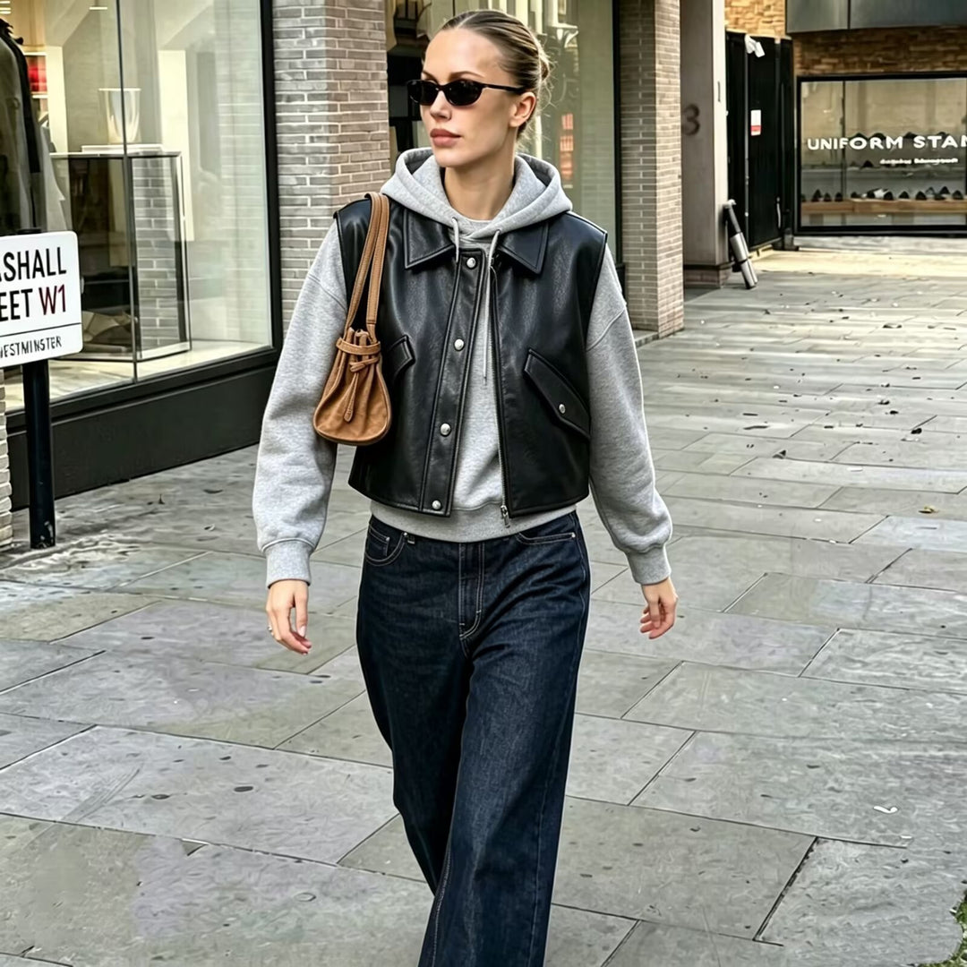 Damen Cropped Utility Weste aus Lederoptik mit Kragen, Ringzipper und aufgesetzten Pattentaschen Drune