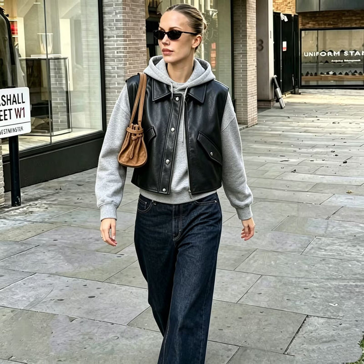 Damen Cropped Utility Weste aus Lederoptik mit Kragen, Ringzipper und aufgesetzten Pattentaschen Drune
