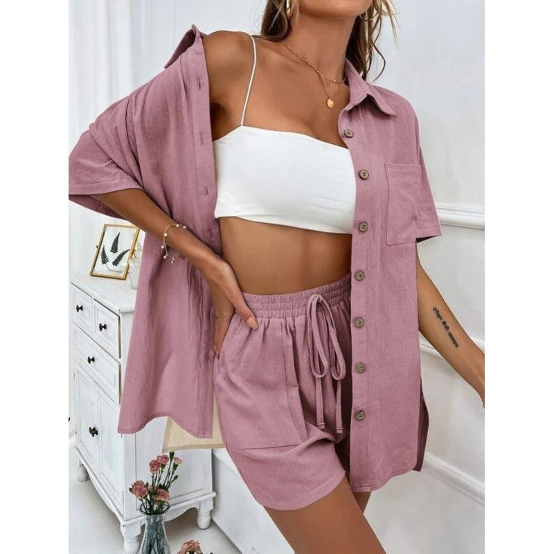 Damen luftiges Zweiteiliges Set mit Hemdbluse und Shorts Drune