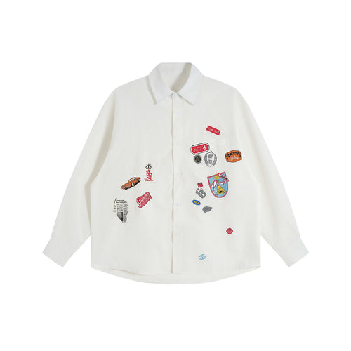 Unisex Lockeres Button-Down-Hemd mit vintage-inspirierten Emblem-Patches und Brusttasche Drune