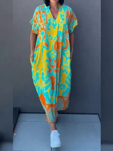 Damen luftiges V-Ausschnitt Strandkleid mit Taschen Drune