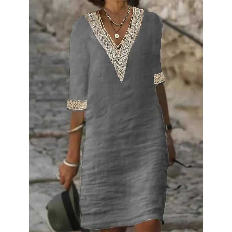 Damen Leichtes Leinen-Midikleid mit V-Ausschnitt und Häkelspitzenbesatz Drune