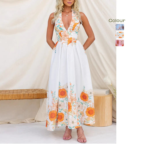 Damen Maxikleid mit tiefem V-Ausschnitt und floralem Print Drune