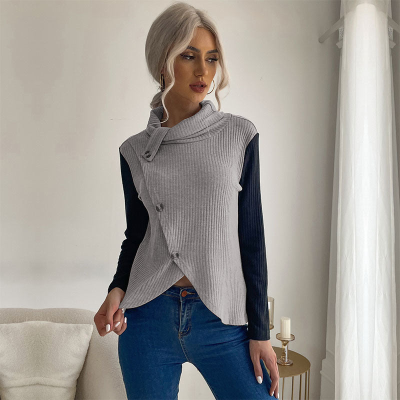 Damen Asymmetrisches Rippenstrick-Layering-Top mit Rollkragen und Zierknopfleiste Drune