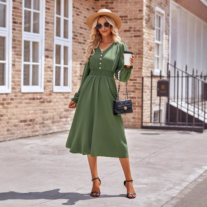 Damen Midikleid mit V-Ausschnitt, geraffter Smock-Taille und Knopfleiste Drune