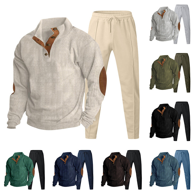 Herren Strukturiertes Henley-Loungewear-Set mit Ellenbogen-Patches & tapered Jogginghose Drune