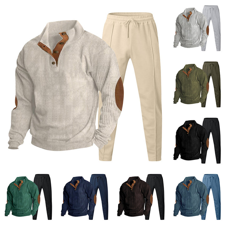 Herren Strukturiertes Henley-Loungewear-Set mit Ellenbogen-Patches & tapered Jogginghose Drune