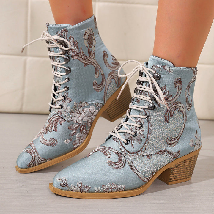Damen bestickte Schnür-Stiefelette mit Jacquard-Brokatmuster und niedrigem Blockabsatz Drune