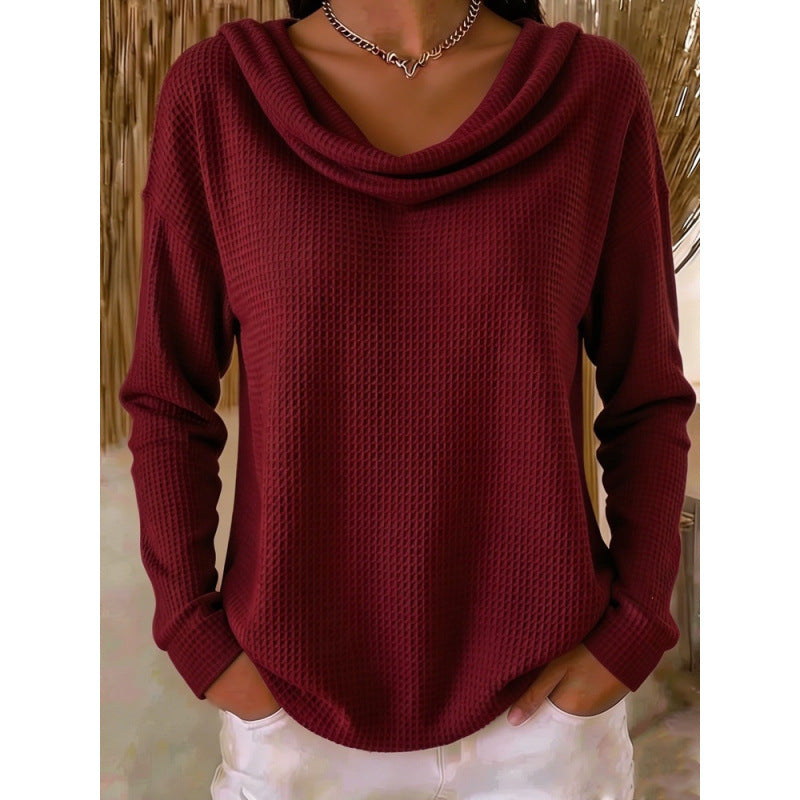 Damen Lässiger Waffelstrick-Pullover mit weitem Wasserfallkragen und gerundetem Saum Drune
