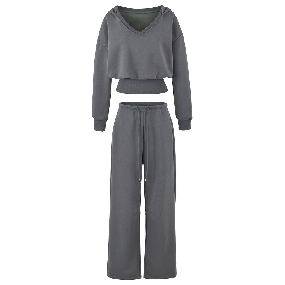 Damen Komfort-Lounge-Set mit kurzem V-Kapuzenpullover und hochgeschnittenen Weitbein-Joggern Drune