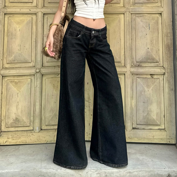 Damen nan weite Highwaist-Jeans mit weitem Bein, hohem Bund und Kontraststeppung Drune