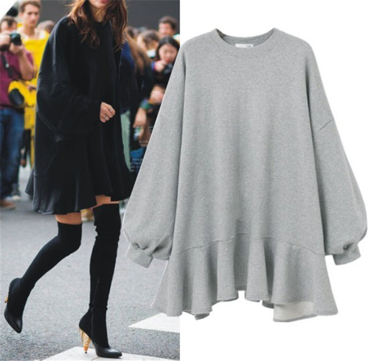 Damen nan oversized Sweatshirtkleid mit Volantsaum und Ballonärmeln Drune