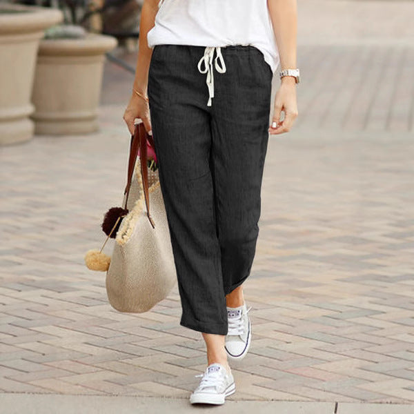 Damen nan leichte Leinenmisch-Hose mit Kordelzug, lockerer Culotte-Schnitt und knöchellangem Saum Drune