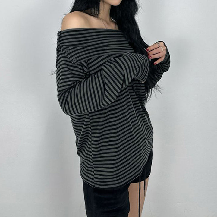 Damen nan schulterfreies Langarmshirt mit Carmen-Ausschnitt, taillierter Passform und feinem Streifenmuster Drune