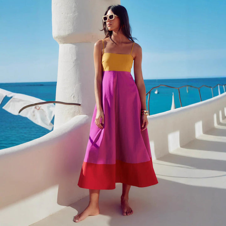 Damen Maxikleid mit farbenfrohem Blockdesign und verstellbaren Spaghettiträgern Drune