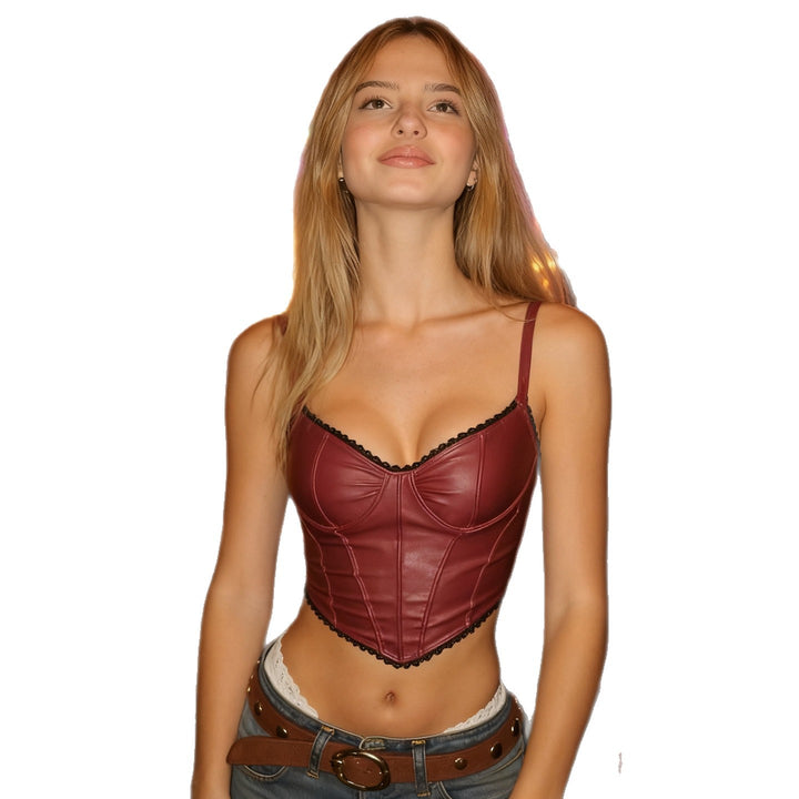 Damen Kunstleder Bustier mit verführerischen Spitzenakzenten Drune