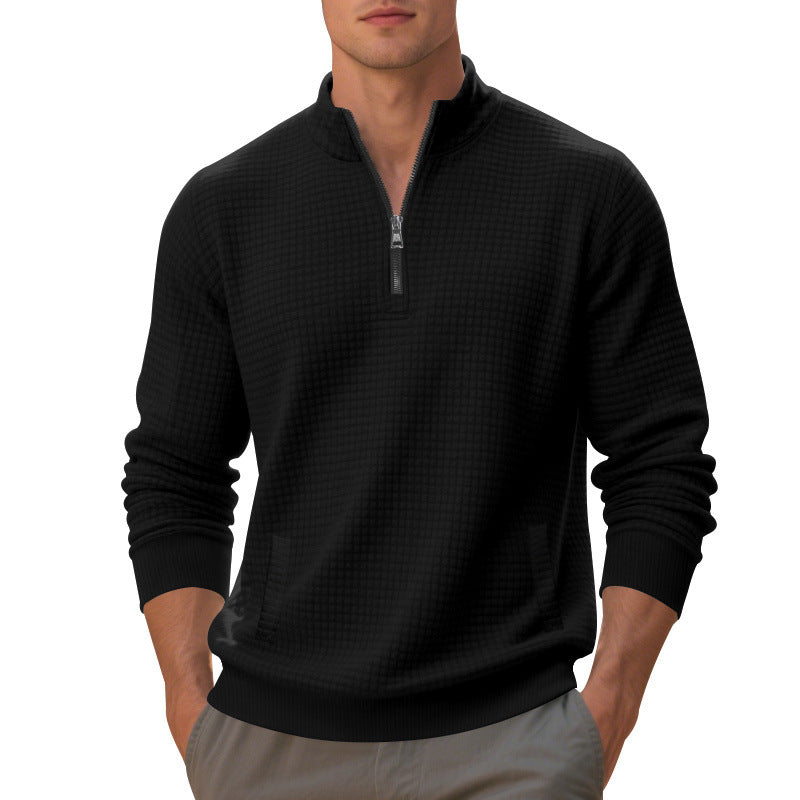 Herren Waffelstrick-Halbzip-Pullover mit Stehkragen, Kängurutasche & gerippten Abschlüssen Drune