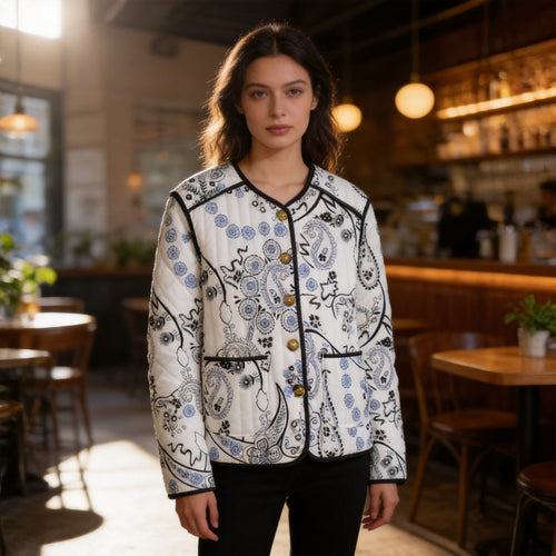 Damen Gesteppte Kurzjacke mit Paisley‑Blumenprint, Rundhalsausschnitt und Kontrastpaspel Drune