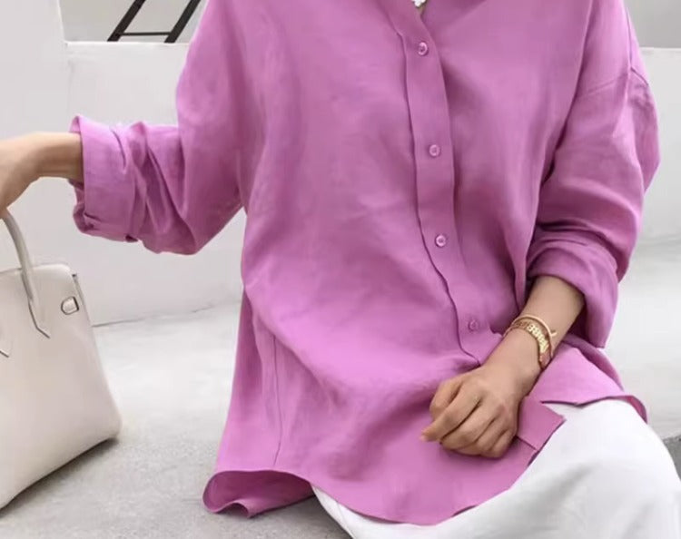 Damen Casual-Leinenbluse mit strukturierter WDruneung, überschnittener Schulter und krempelbaren Ärmeln Drune