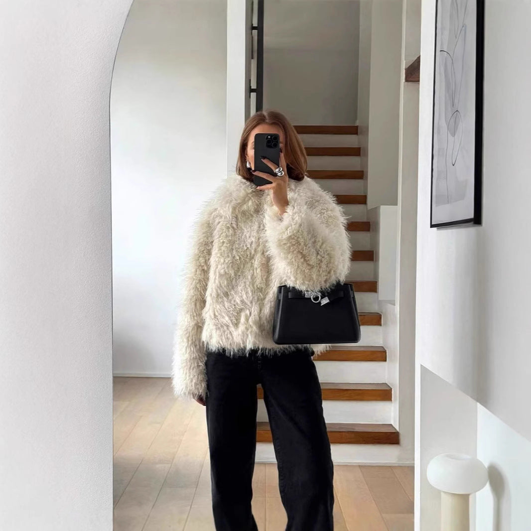 Damen Kurze shaggy Kunstpelzjacke mit Kapuze und hochfloriger Textur Drune
