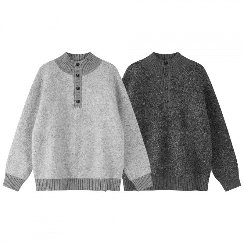 Unisex Boxy-Strickpullover mit Henley-Knopfleiste und hochgezogenem Rippkragen Drune